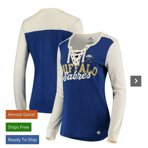 NWT Womens Fanatics NHL Buffalo Sabres Lace-Up Long Sleeve Blue/Cream Shirt